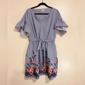 Cottagecore Blue Striped Floral Embroidered Dress Romantic Summer Tea Party